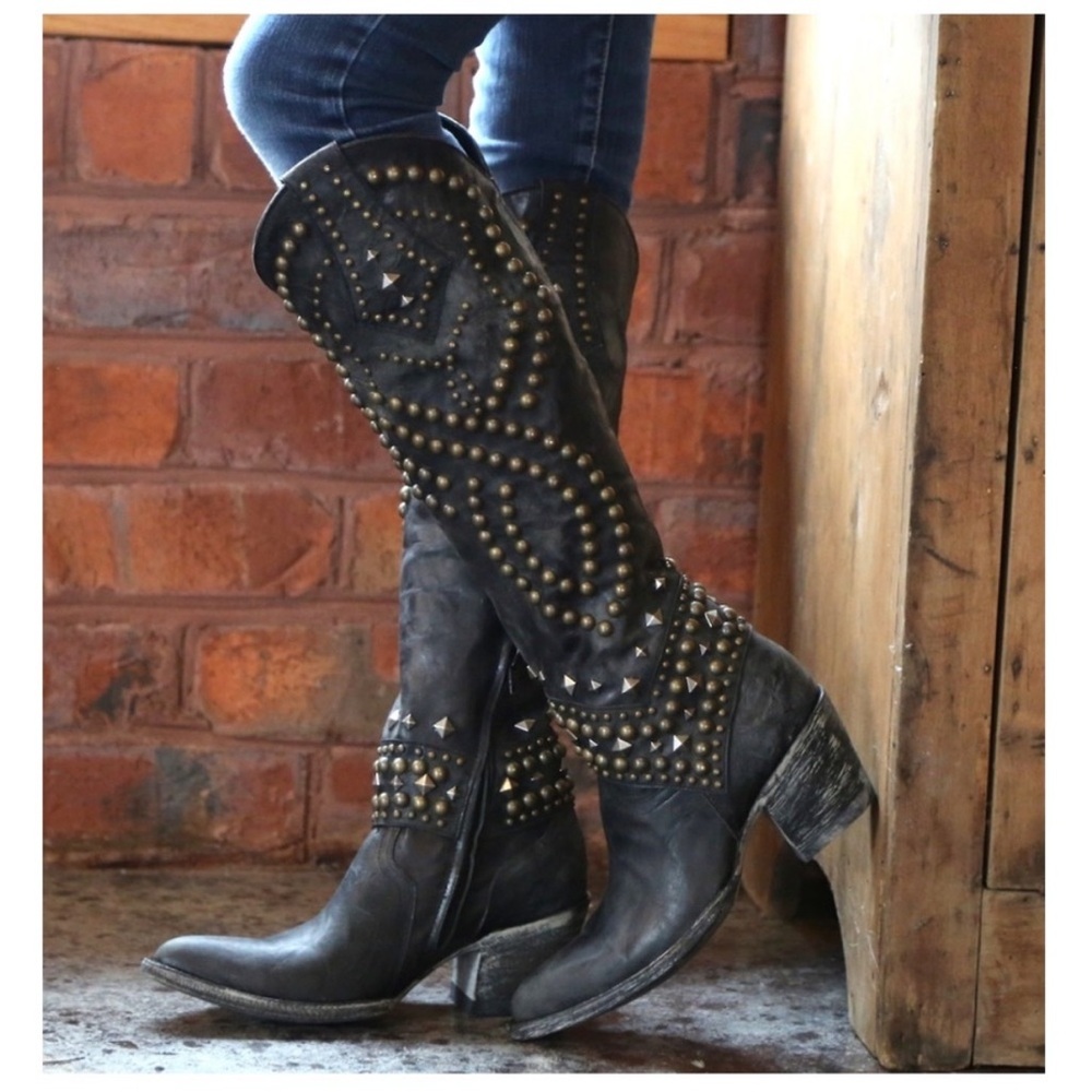 Old Gringo Black Studded Distressed Over-the-Knee Boots
